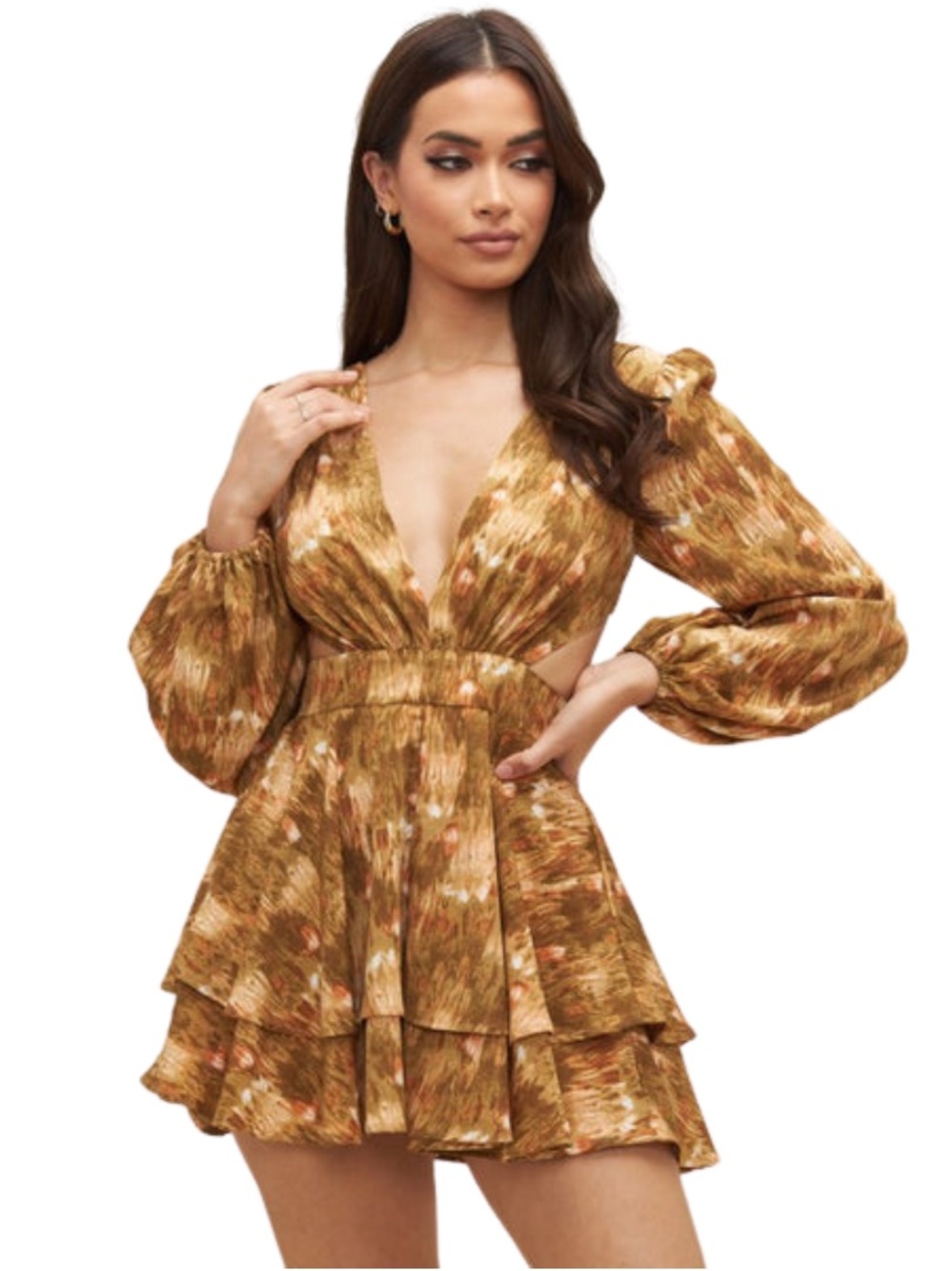 Luxxel Mustard Floral Tiered Ruffle Mini Jumpsuit